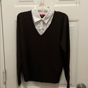 Debbie Morgan Brown Sweater with White Shirt Collar